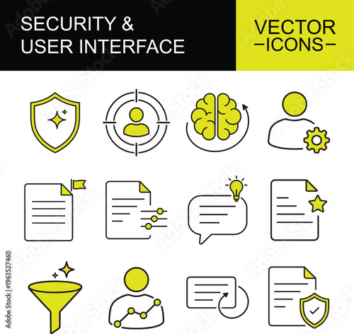 Security and user interface vector icon set with data protection, user profile, AI brain, document management, settings, analytics, filtering and communication flat outline icons
