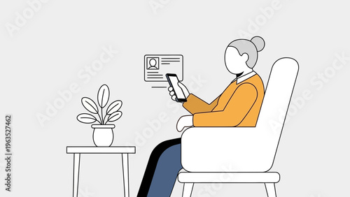 Senior woman sitting in a chair and using her mobile phone to access her digital identification card