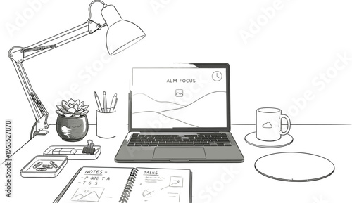 A laptop on a desk with office supplies and a plant nearby for calm focus