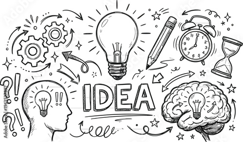Black and white illustration of creative idea generation with light bulb and brain