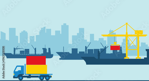 International Shipping and Logistics in a Busy Seaport with Cargo Ship and Truck.