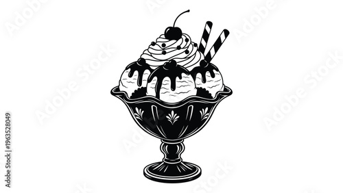 Black and white illustration of a sundae