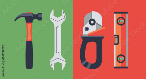 Essential Construction Tools Hammer, Wrench, Utility Knife, and Level on Green and Red Background