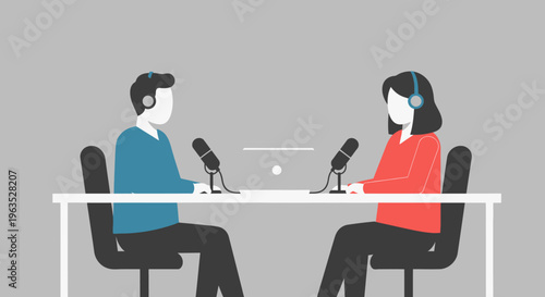 Professional Man and Woman Hosting a Podcast or Radio Show in a Studio Setting