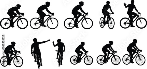 Cyclist silhouette collection set, bicycle rider vector illustration, road bike racing poses, outdoor sport activity, cycling athlete isolated on white
