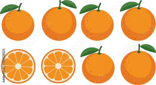 Orange fruit vector illustration set, fresh citrus oranges with leaves and slices, isolated juicy collection for healthy food design, natural organic fruit concept