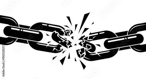 Broken chain link, symbolizing freedom, release, or weakness, shattering on an isolated white background.
