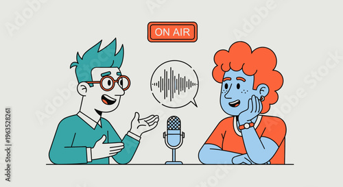 Two vibrant people, a man and a woman, hosting an "ON AIR" podcast or radio show in a creative studio setting.