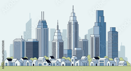 Modern cityscape with tall buildings and residential homes, illustrating urban development under a blue sky.