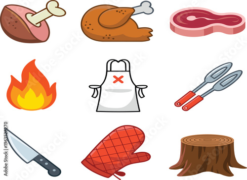 Barbecue and kitchen icons vector, meat, chicken, apron, fire, and cooking tools, isolated on white