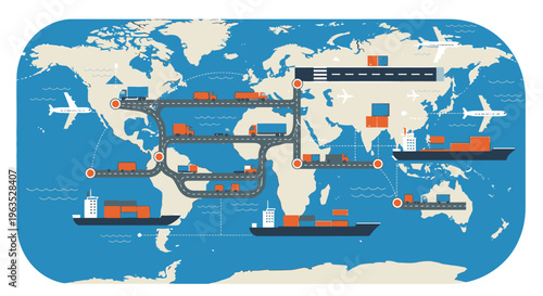 Global logistics network map with cargo ships, trucks, and airplanes depicting worldwide transportation routes.