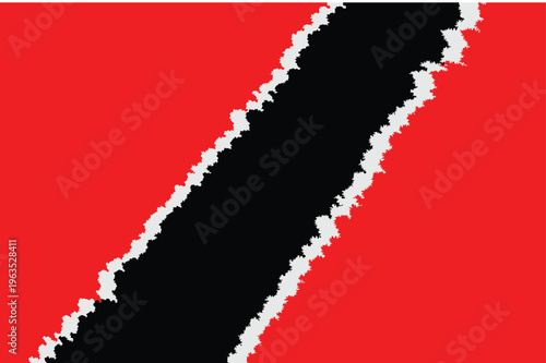 A stark black, jagged stripe cuts diagonally across a solid, bright red backdrop.