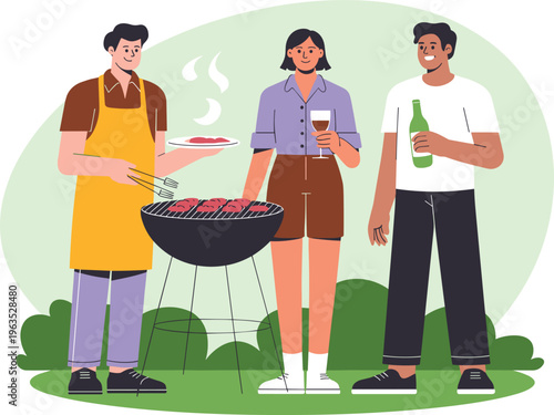 Outdoor barbecue party vector with friends, people grilling meat and drinking, summer backyard picnic concept