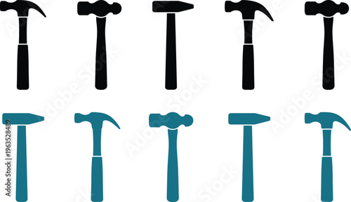 Hammer tool silhouette collection with different styles isolated on white background, construction equipment vector set for repair, carpentry, hardware, and industrial design