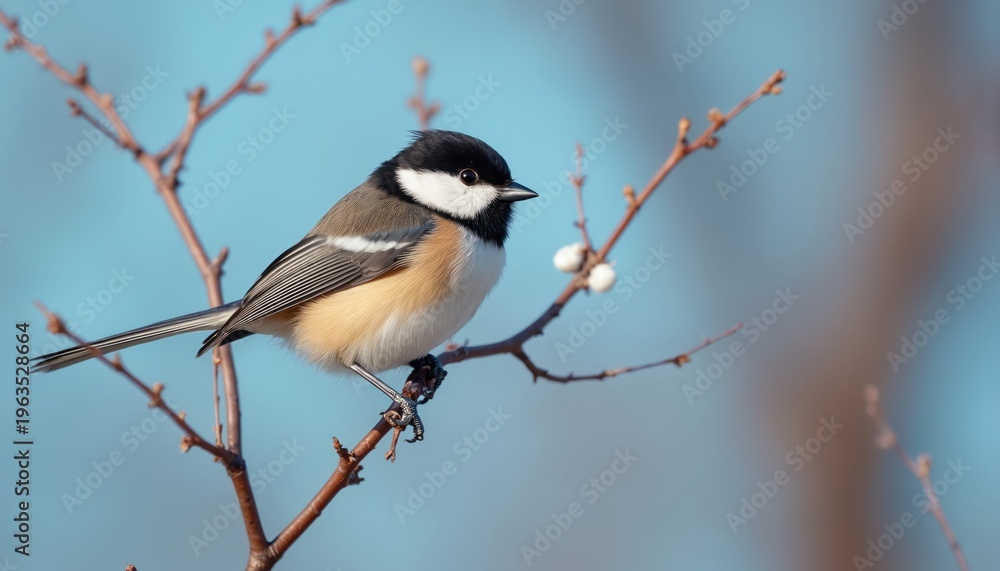 Fototapeta premium Small chickadee bird sits on bare tree branch with soft blue sky background. Tiny avian creature perches with focus on its detailed feathers and beak.