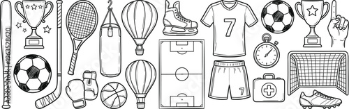 Sports Equipment Icon Set with Soccer, Tennis, Boxing, Trophy, Jersey, Field, Stopwatch, Goal Net, and Athletic Gear Line Vector Collection