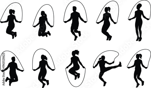 Jump rope silhouettes vector set of men and women skipping workout fitness activity isolated on white background for sport training design