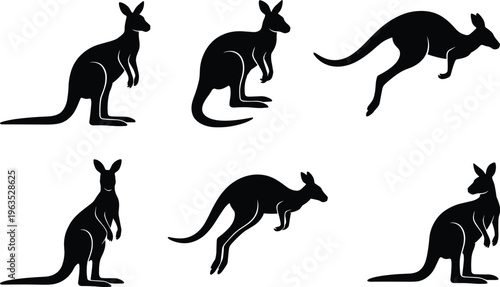Kangaroo silhouette collection showing jumping and standing poses isolated on white background, wildlife animal vector set for nature design, logo, illustration, and branding