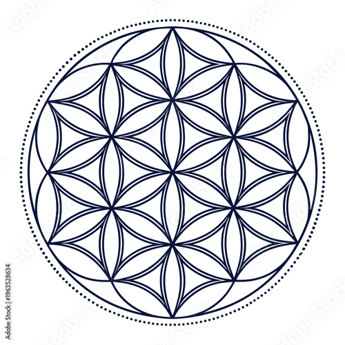 Sacred geometry flower of life symbol in dark blue outline with divine proportion