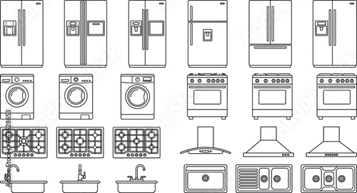 Kitchen appliance line icons vector set refrigerator washing machine stove cooktop hood sink faucet isolated on white background for home equipment design
