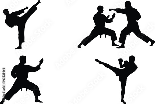 Martial arts silhouettes vector set karate fighters in action poses kicking punching sparring isolated on white background for sport training design