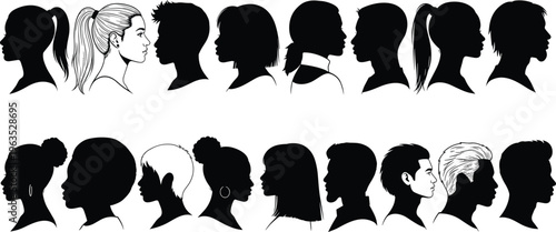 Diverse people profile silhouettes set featuring various hairstyles and ethnic identities for social inclusion, community, identity, and modern human representation graphics.