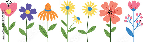 Colorful Flower Icon Set Featuring Heart, Purple, Yellow, Orange, Red, and Pink Floral Designs with Green Leaves and Stems