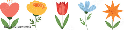Flower Icon Set Featuring Heart-Shaped, Yellow, Red, Blue, and Orange Floral Designs with Green Leaves and Stems