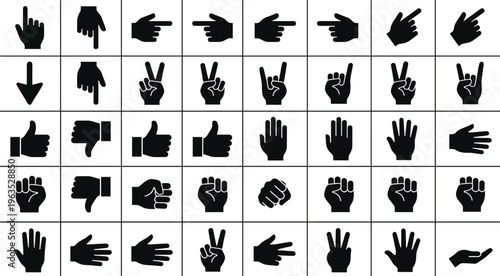 Hand Gesture Icon Set with Fingers Pointing, Thumbs Up Down, Victory Sign, Rock Symbol, Open Palm, and Directional Signs Silhouette Vector Collection