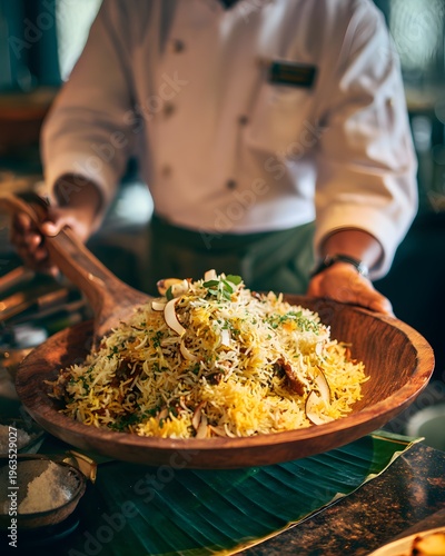 Professional chef serving traditional fragrant biryani rice dish from large wooden bowl in rustic restaurant kitchen with warm lighting and authentic culinary atmosphere