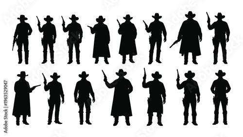 Collection of 12 cowboy silhouettes in various poses with guns
