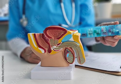 Photos A medical professional is showing a model of the human reproductive system in a clinic office