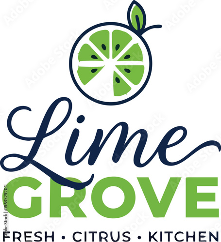 Web Lime Grove Logo Vector with Citrus Slice Icon Elegant Script Lettering and Fresh Kitchen Branding Isolated on White