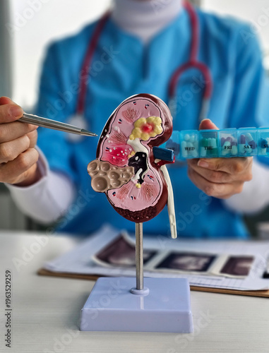 Photos A medical professional holds a model of a kidney while explaining its structure