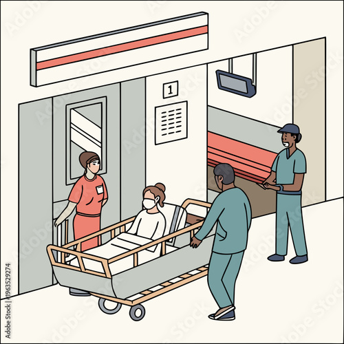 Hospital staff moving patient on gurney bed in corridor