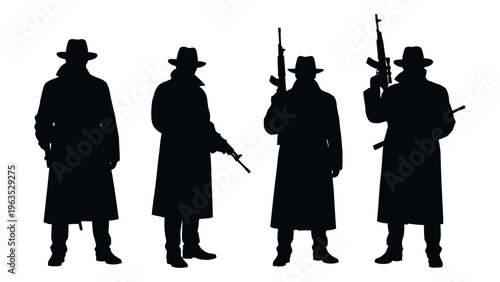 Silhouettes of four cowboys with guns in a row