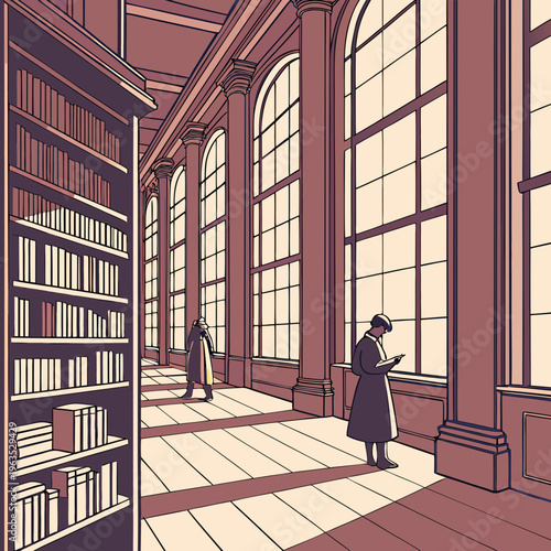 Grand classic library interior illustration with tall columns and bookshelves featuring people reading in quiet academic study hall environment for knowledge and research