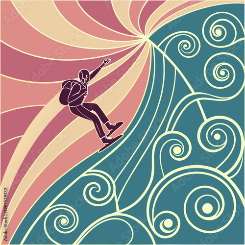 Abstract illustration of a snowboarder carving through stylized mountains, minimalist silhouette with dynamic swirling lines and geometric sunburst background in a retro design style