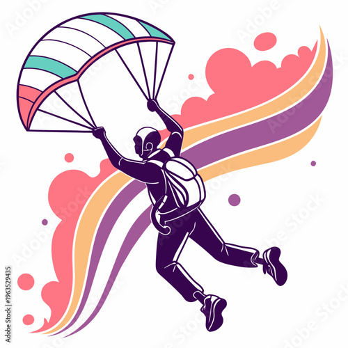 Extreme sports paragliding silhouette illustration with colorful abstract waves for adventure freedom outdoor activity and skydive adrenaline flight hobby concept graphic