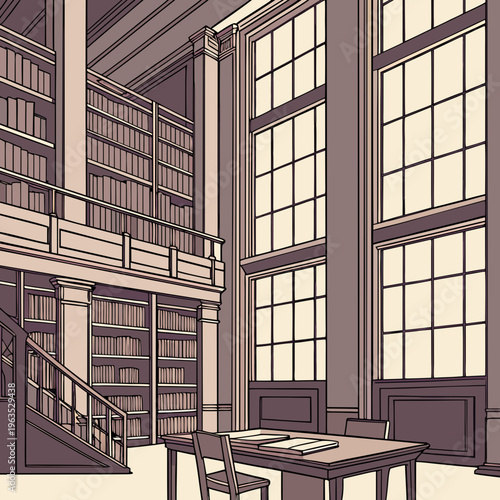 Empty academic library study room illustration with large bookshelves stairs and desk for education research quiet learning and student archive interior architecture concept