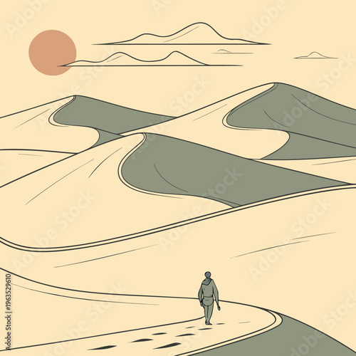 Minimalist illustration of a lone traveler walking across golden desert sand dunes