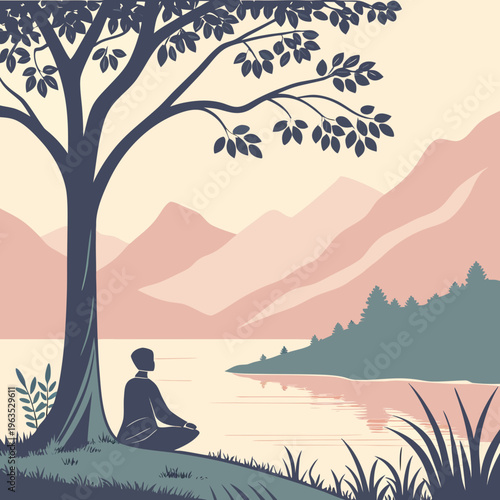 Zen person meditating under a tree by a calm mountain lake at sunset illustration