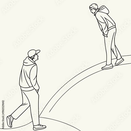 Casual urban connection: two young individuals in hoodies walking on separate curved paths, minimalist line art with youthful street style, casual wear, generation z, beige background, young adult