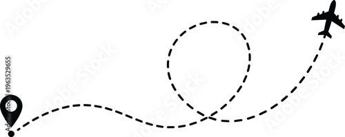Airplane flight path with location pin and dashed route line for travel navigation journey concept isolated on white background vector illustration