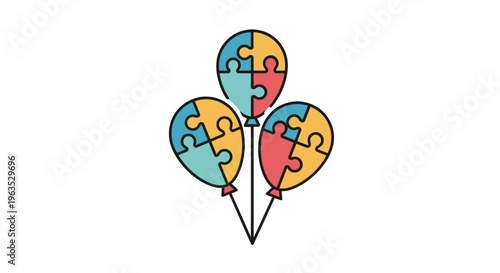 Colorful puzzle balloons floating together.