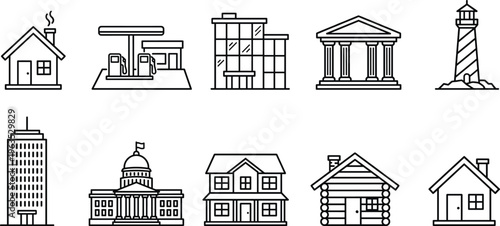 Building and architecture line icons set including house gas station office courthouse lighthouse cabin and residential structures isolated on white background
