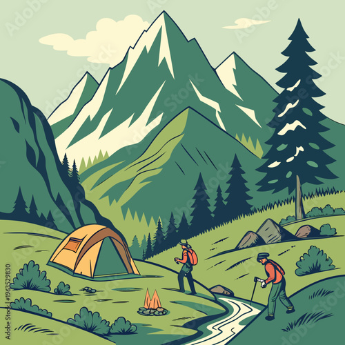 Outdoor adventure hikers camping in scenic mountain valley landscape with yellow tent and campfire illustration