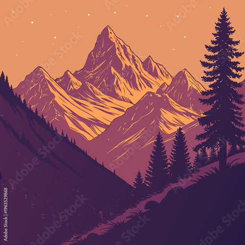 Sharp mountain peaks landscape at twilight with starry sky and pine tree silhouettes retro illustration