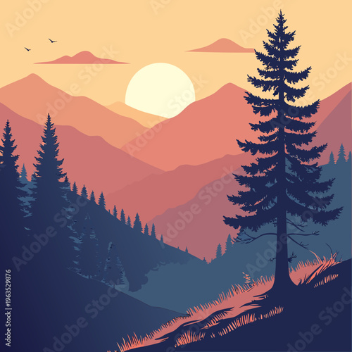 Minimalist sunset mountain landscape vector illustration with layered hills and pine tree silhouette