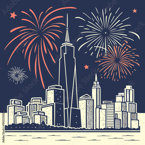 City skyline fireworks celebration graphic outline illustration on dark blue background